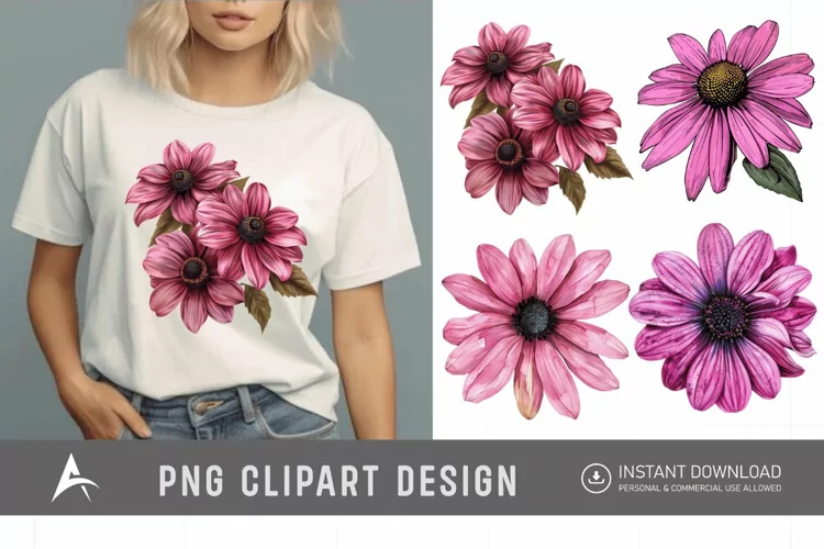Watercolor Pink Black Eyed Susan Flower Clipart