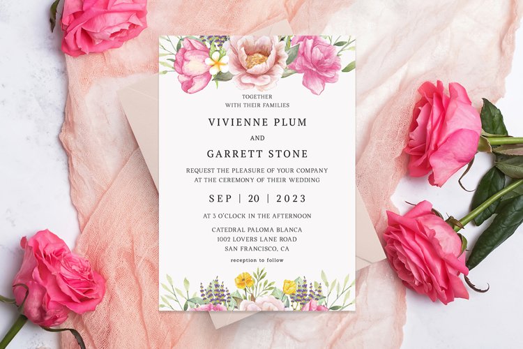 Watercolor Pink Blush Floral Wedding Invitation