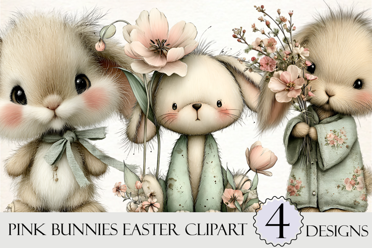 Watercolor Pink Bunnies Easter Clipart