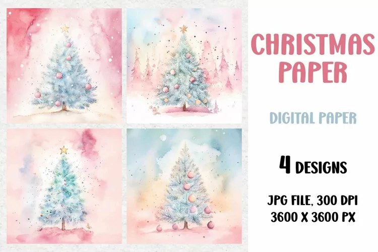Watercolor Pink Christmas, Digital Paper