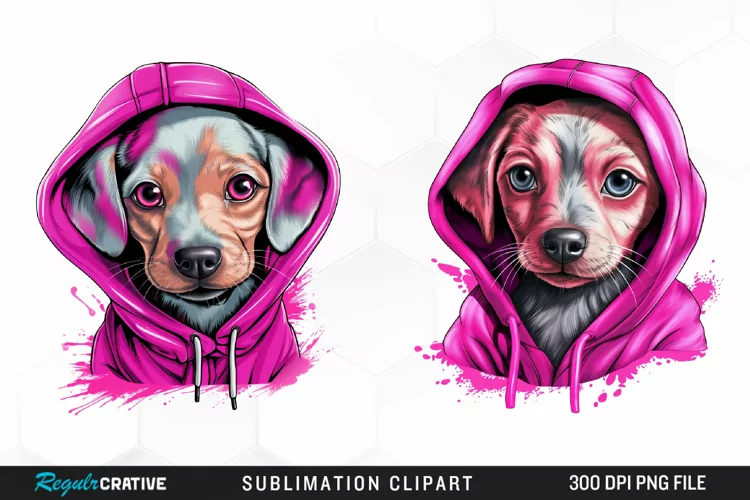 Watercolor Pink Dog Hoodie Design Clipart
