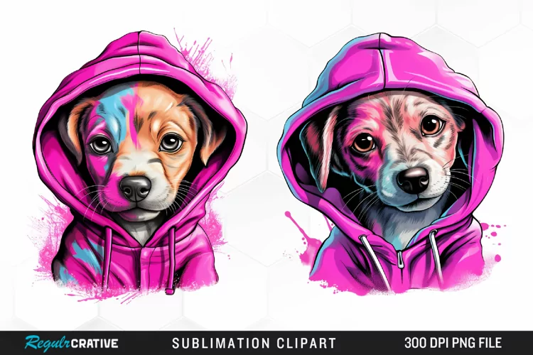 Watercolor Pink Dog Hoodie Design Clipart