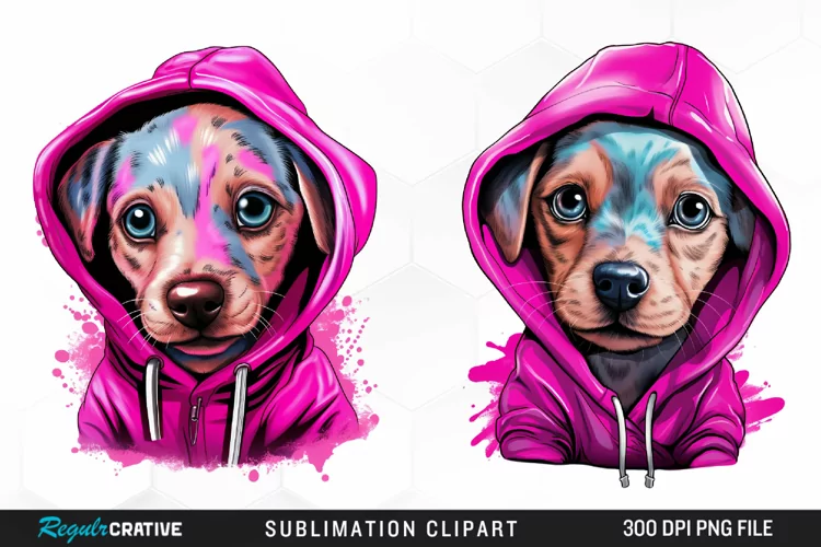 Watercolor Pink Dog Hoodie Design Clipart