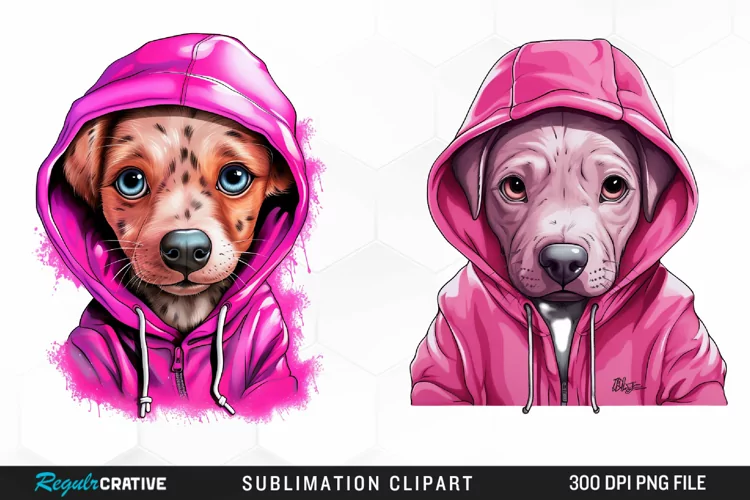 Watercolor Pink Dog Hoodie Design Clipart