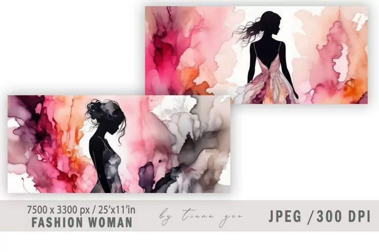 Watercolor fashion girl illustration for banner - 2 jpgs