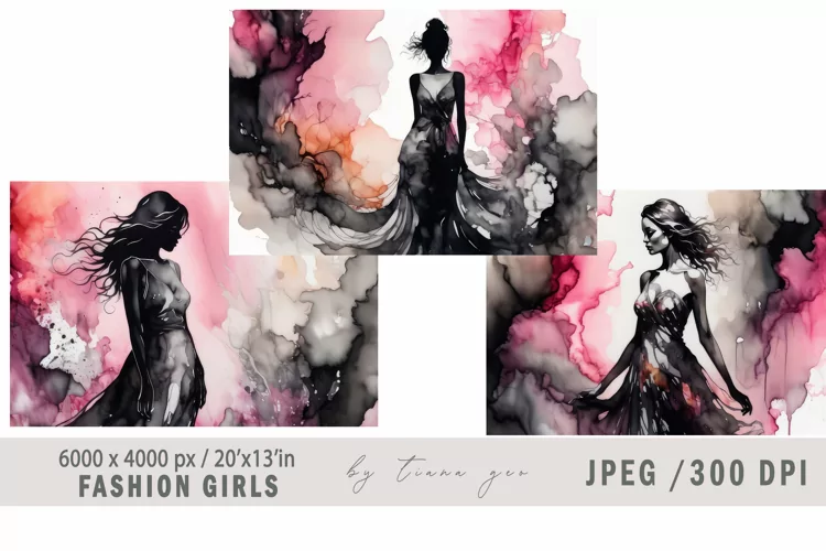 Watercolor fashion girl illustration for posters - 3 jpgs