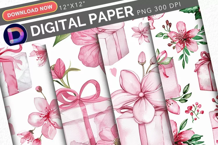 Watercolor Pink Floral Gifts Pattern Digital Paper