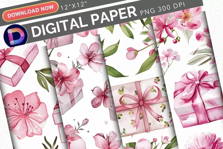 Watercolor Pink Floral Gifts Pattern Digital Paper