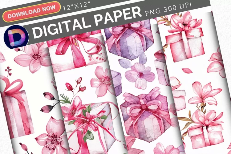 Watercolor Pink Floral Gifts Pattern Digital Paper