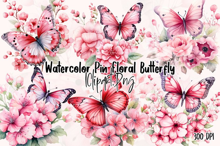 Watercolor Pink Floral Butterfly Clipart