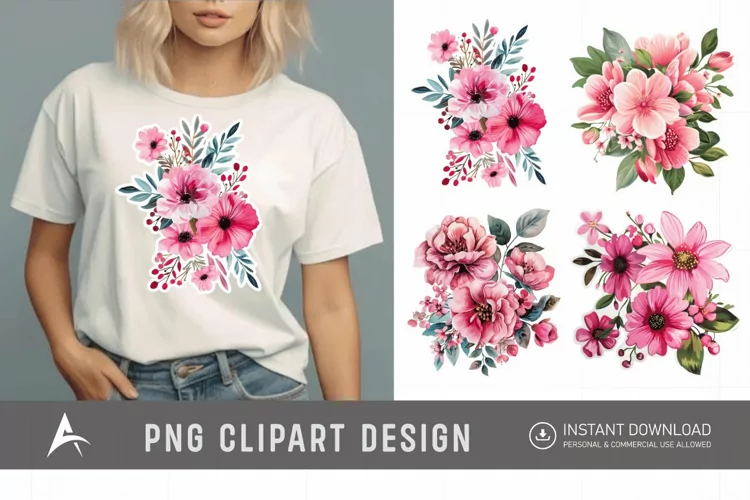 Watercolor Pink Floral Fussy Cuts Clipart
