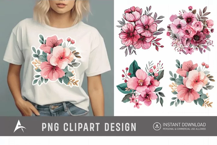 Watercolor Pink Floral Fussy Cuts Clipart