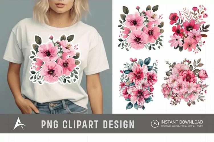 Watercolor Pink Floral Fussy Cuts Clipart