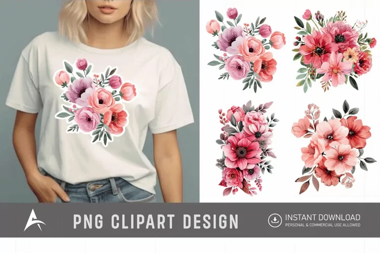Watercolor Pink Floral Fussy Cuts Clipart