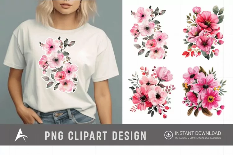 Watercolor Pink Floral Fussy Cuts Clipart