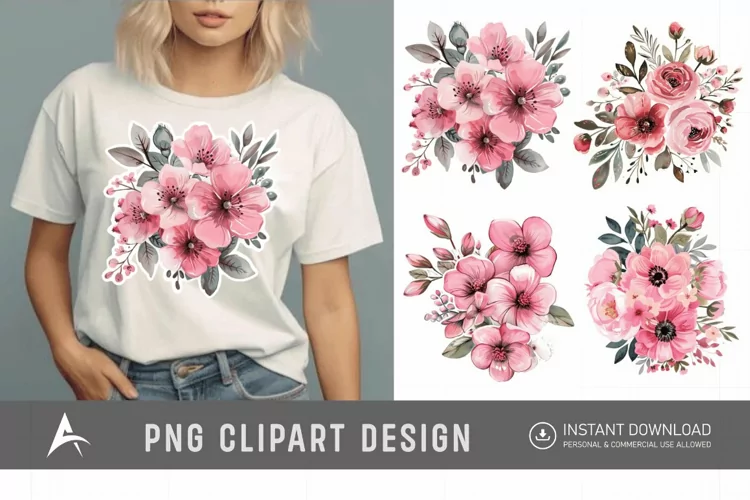 Watercolor Pink Floral Fussy Cuts Clipart
