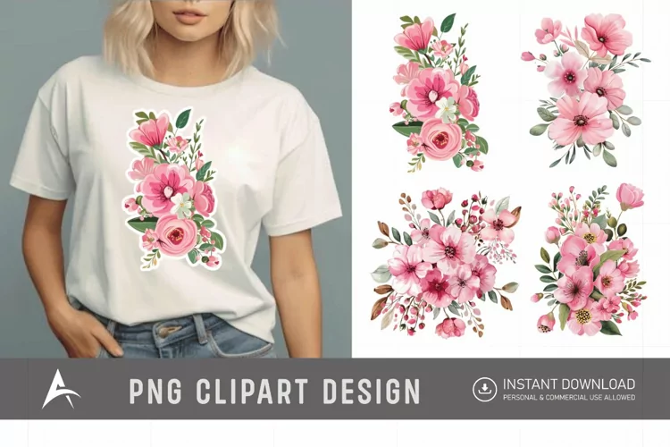 Watercolor Pink Floral Fussy Cuts Clipart