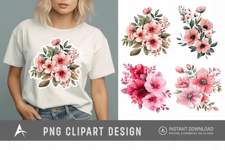 Watercolor Pink Floral Fussy Cuts Clipart
