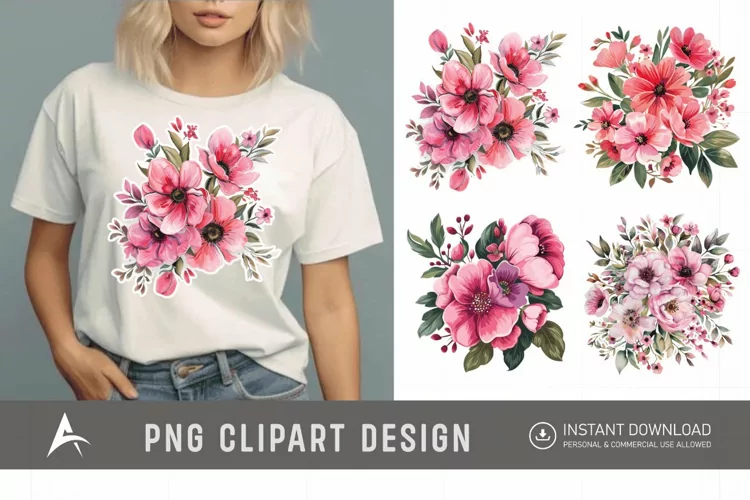 Watercolor Pink Floral Fussy Cuts Clipart