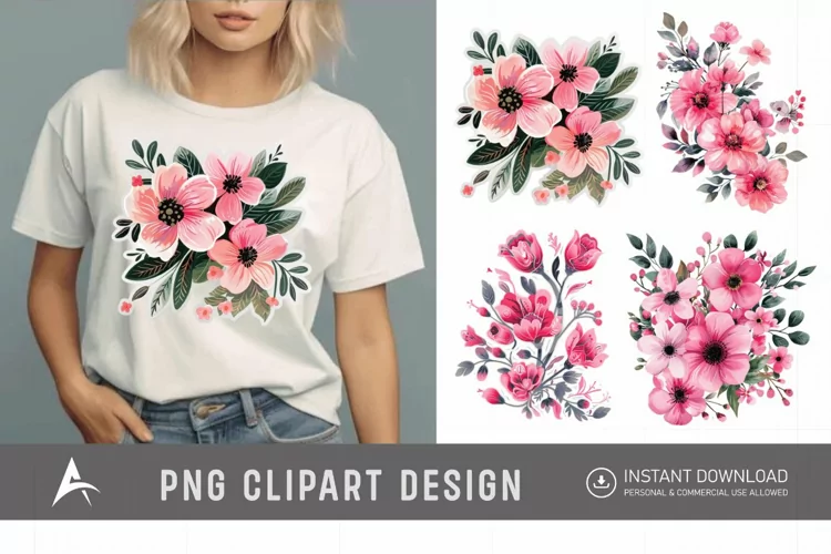 Watercolor Pink Floral Fussy Cuts Clipart