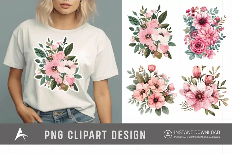 Watercolor Pink Floral Fussy Cuts Clipart