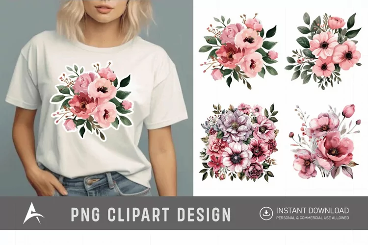 Watercolor Pink Floral Fussy Cuts Clipart