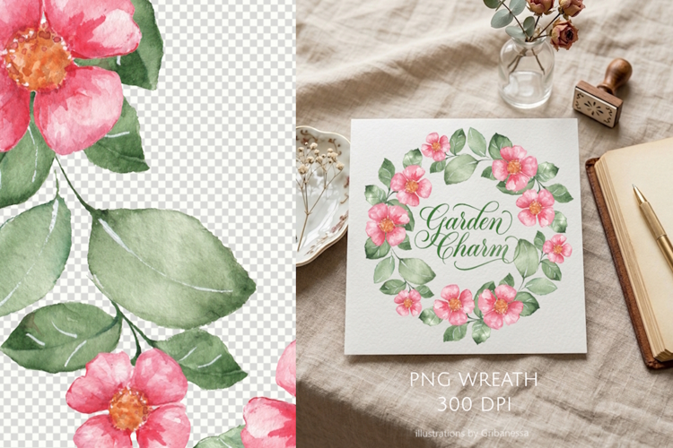 Hand-Drawn Watercolor Pink Floral Wreath PNG Frame
