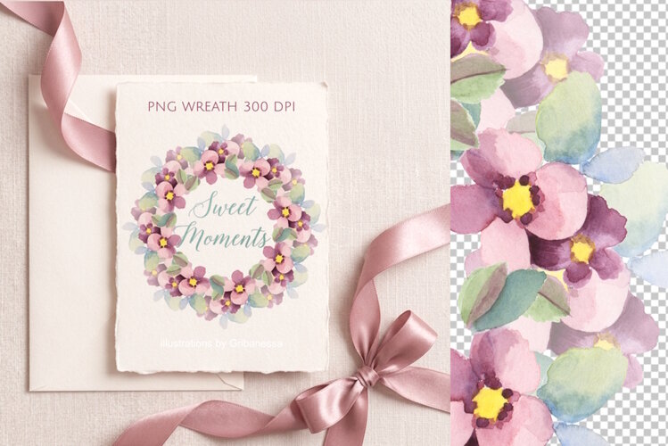 Watercolor Pink Floral Wreath PNG example image 1