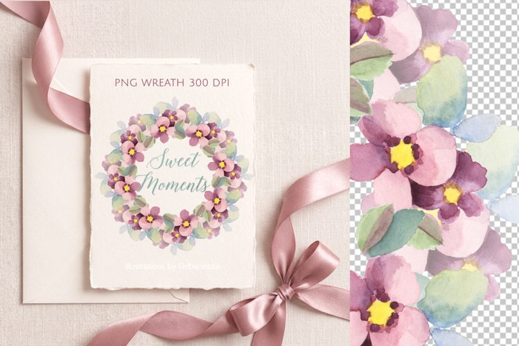 Watercolor Pink Floral Wreath PNG