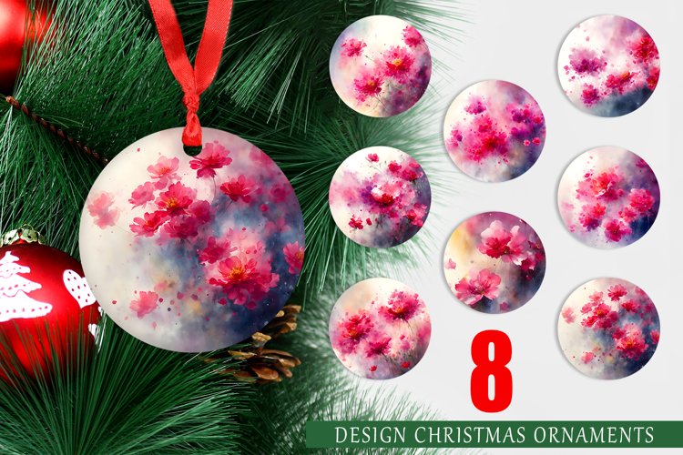 Watercolor Pink Flower Christmas Ornaments