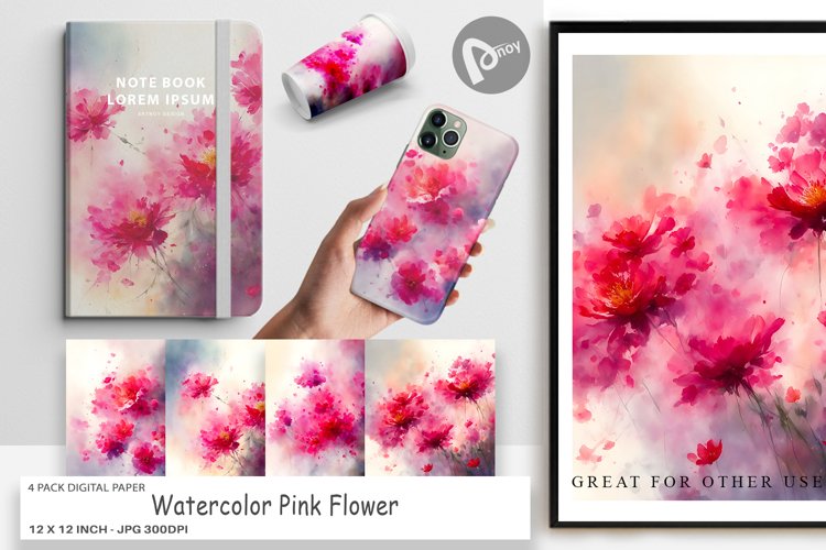 Digital Paper Watercolor Pink Flower example image 1