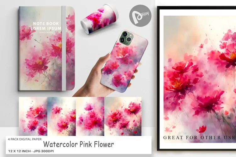 Digital Paper Watercolor Pink Flower