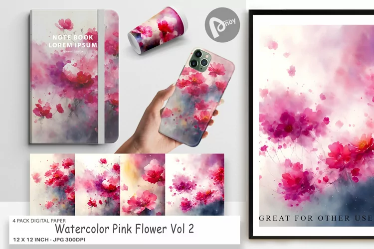 Digital Paper Watercolor Pink Flower