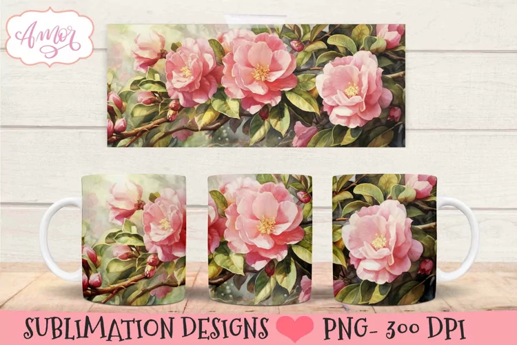 Watercolor Pink flowers mug template PNG for sublimation