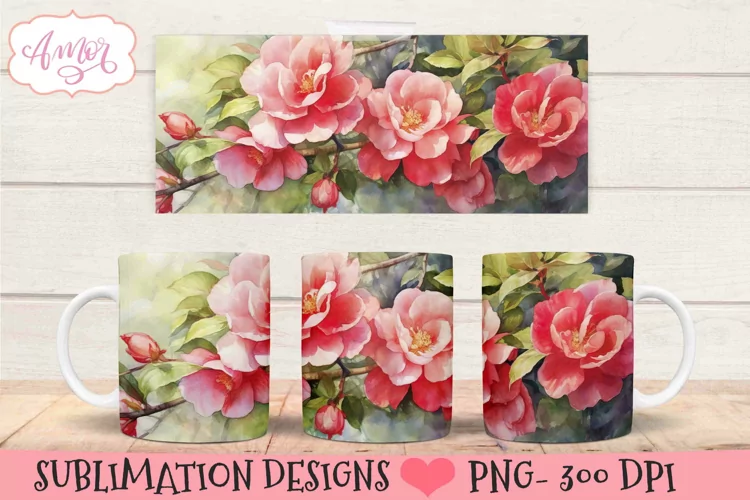 Watercolor Pink flowers mug template PNG for sublimation