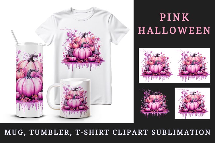 Watercolor pink glamour Halloween pumpkins fall autumn leaves 20 oz tumbler skinny mug wrap clipart t-shirt sublimation printable design