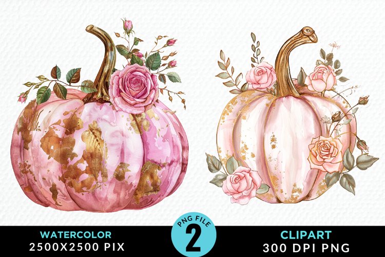 Watercolor Pink And Gold Pumpkin Clipart example image 1