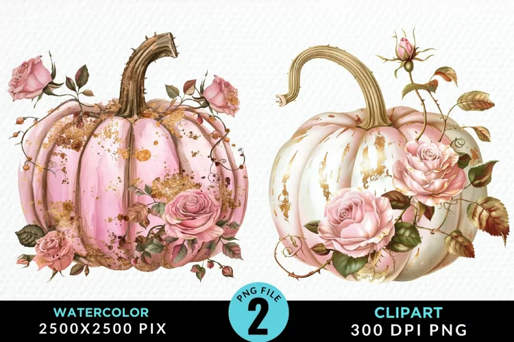 Watercolor Pink And Gold Pumpkin Clipart