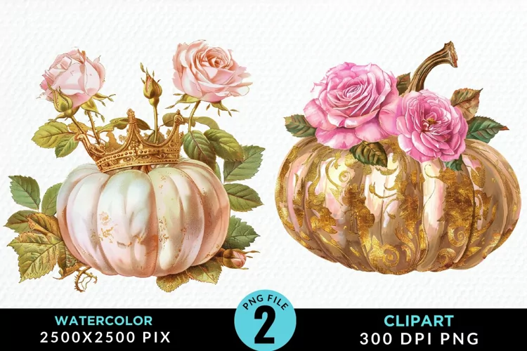 Watercolor Pink And Gold Pumpkin Clipart