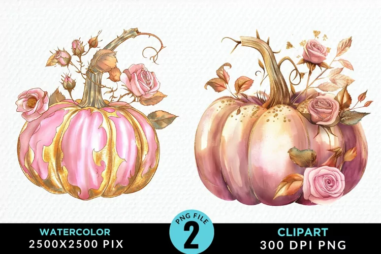 Watercolor Pink And Gold Pumpkin Clipart