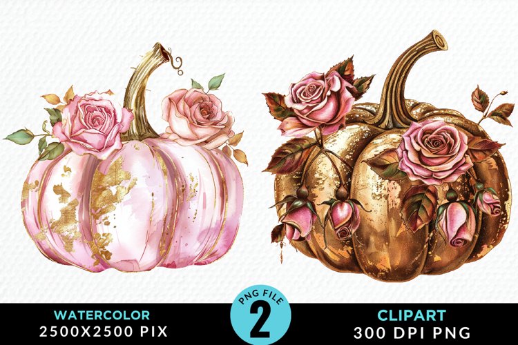 Watercolor Pink And Gold Pumpkin Clipart example image 1