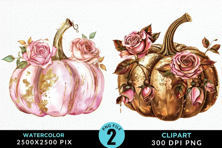 Watercolor Pink And Gold Pumpkin Clipart