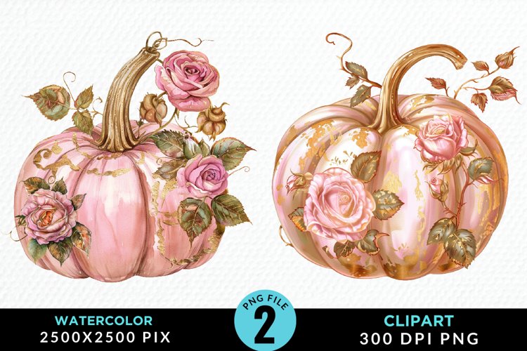 Watercolor Pink And Gold Pumpkin Art Clipart example image 1