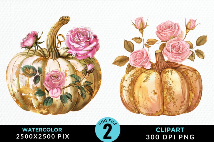 Watercolor Pink And Gold Pumpkin Clipart example image 1