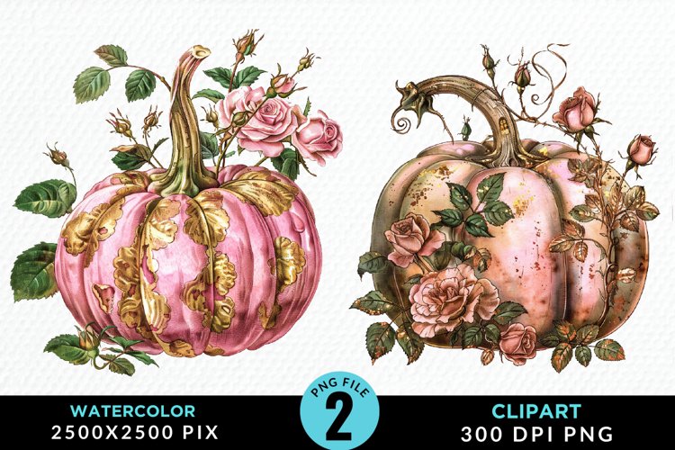 Watercolor Pink And Gold Pumpkin Art Clipart example image 1