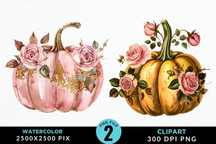 Watercolor Pink And Gold Pumpkin Clipart