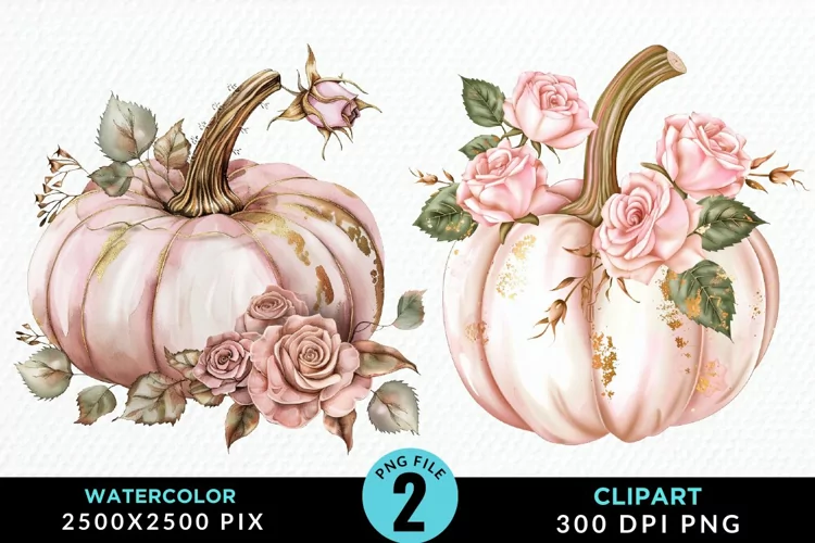 Watercolor Pink And Gold Pumpkin Clipart