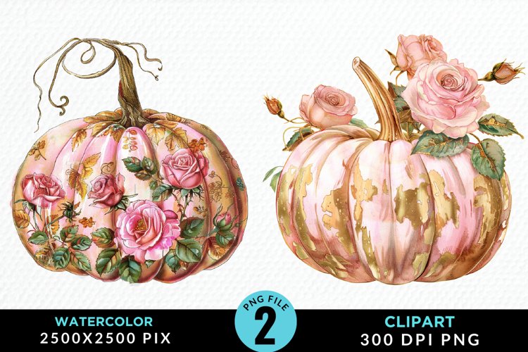 Watercolor Pink And Gold Pumpkin Clipart example image 1