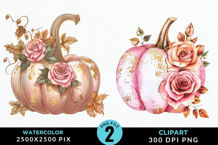 Watercolor Pink And Gold Pumpkin Clipart