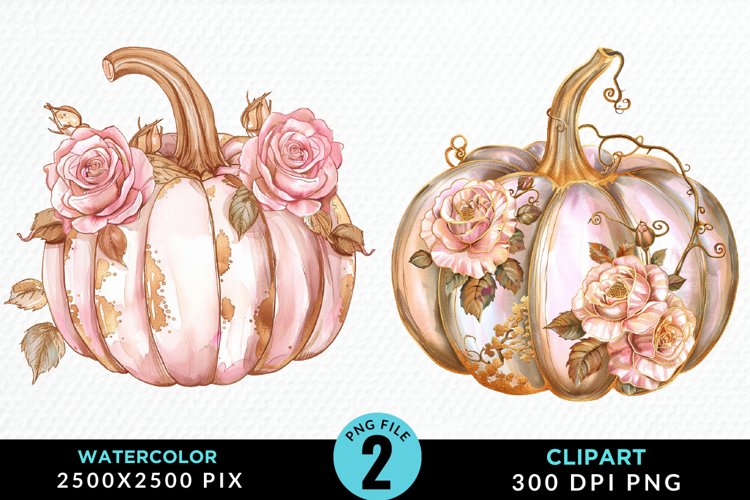 Watercolor Pink And Gold Pumpkin Clipart example image 1